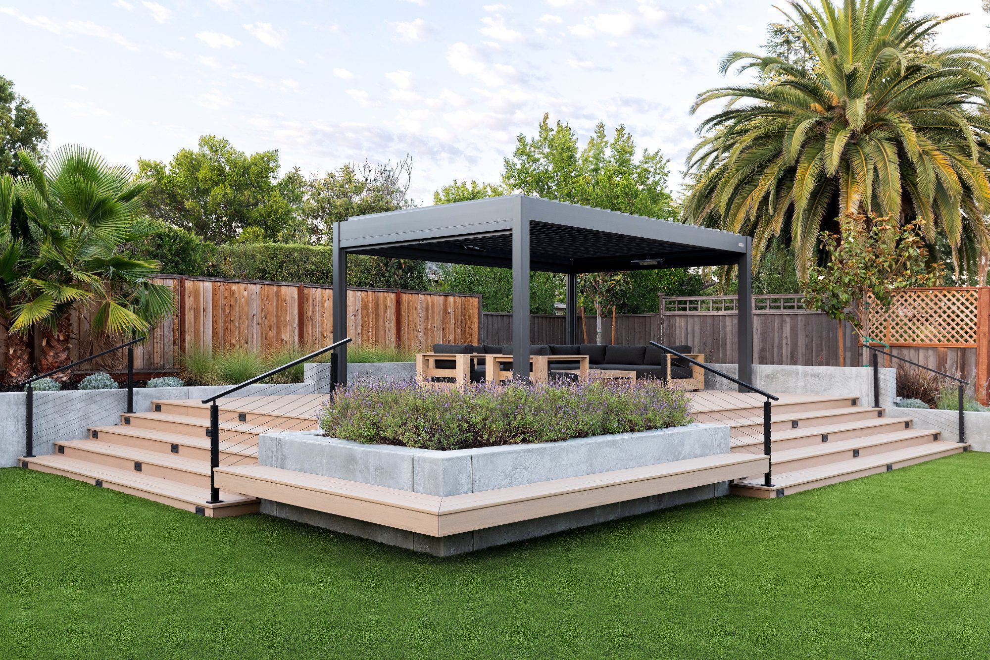 Pergola seating area on a composite deck in Saratoga, CA
