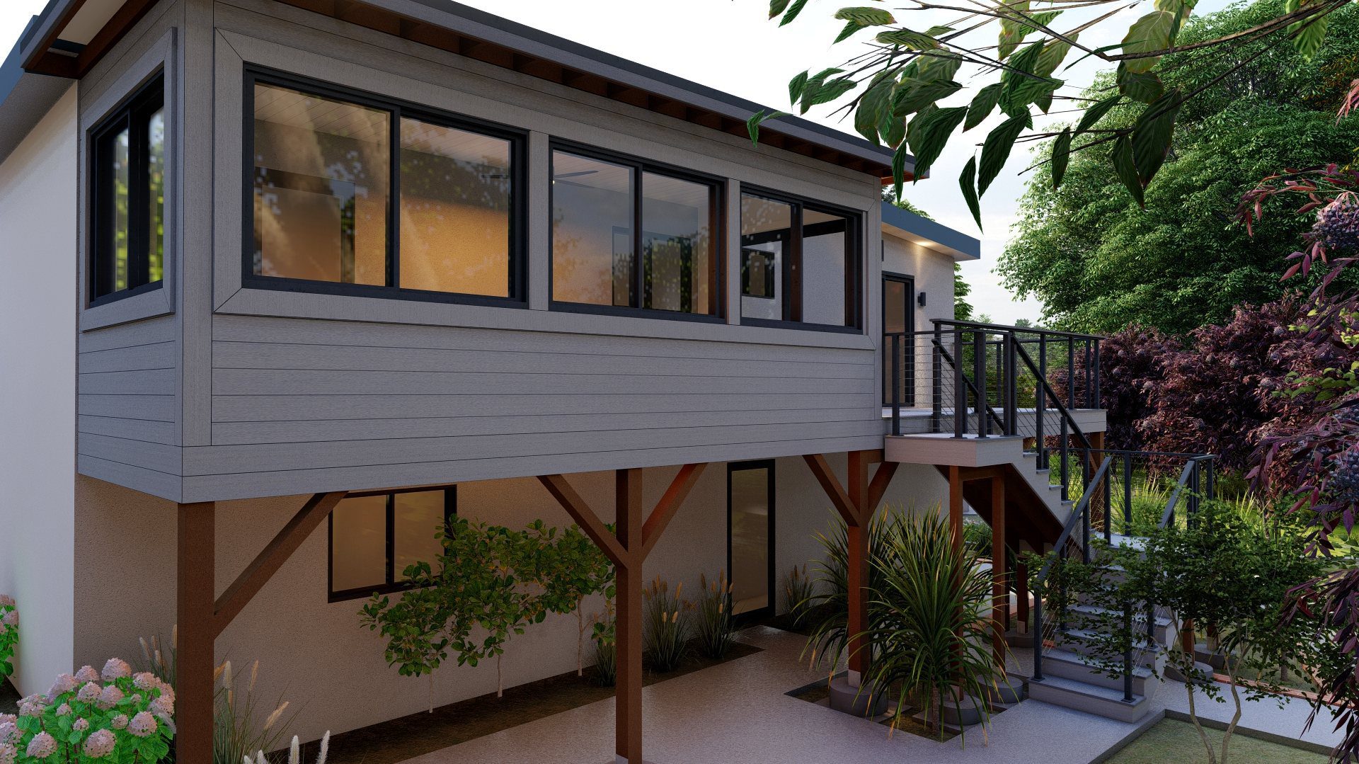 3D design rendering of a raised deck with cable railing in South San Francisco, CA