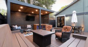Modern sustainable deck with smart lighting and eco-friendly design