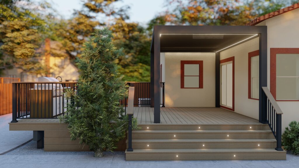 Santa Clara PVC deck with TimberTech Vintage Collection boards and black aluminum railings